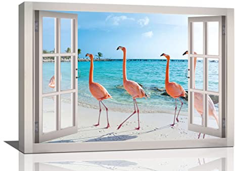Flamingo Strand Badezimmer Wandkunst Tropische Palme Küste Ozean Bilder Wanddekoration Rosa Flamingo 3D Fenster Leinwand Drucke Gerahmte Moderne Tiere Gemälde Kunstwerk für Badezimmer Wohnzimmer Büro