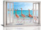 Flamingo Strand Badezimmer Wandkunst Tropische Palme Küste Ozean Bilder Wanddekoration Rosa Flamingo 3D Fenster Leinwand Drucke Gerahmte Moderne Tiere Gemälde Kunstwerk für Badezimmer Wohnzimmer Büro