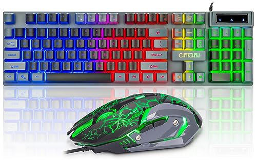 CHONCHOW Gaming Keyboard and Mouse Combo RGB LED Backlit USB Wired Key Board 3200dpi Mice Mechanical Feel Compatible with Xbox one ps5 Windows Laptop Computer(Grey-Black)