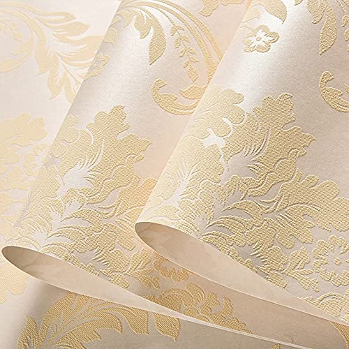 FNMHime 20.87″Wx393.7″L 3D Damask Embossed Wall Paper Modern Minimalist European Style Clothing Store Restaurant Bedroom Living Room TV Background Non-Woven Wallpaper Non-Pasted (Beige)
