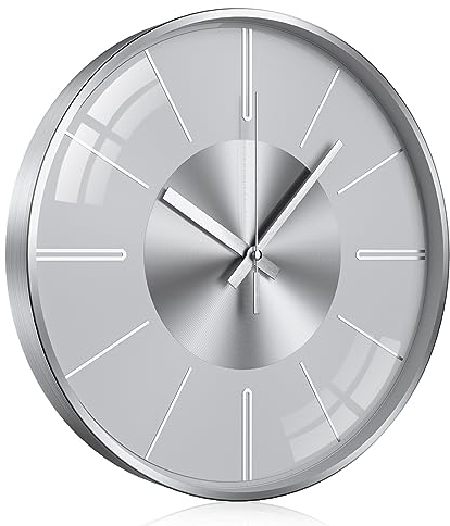TOKTEKK Wanduhr Ohne Tickgeräusche Lautlos Modern wanduhren 12 Zoll Rund Geräuschlos Küchenuhr Aluminium Wall Clock Für Wohnzimmer Küche Schlafzimmer Und Büro(Silberne und weiße Skala)