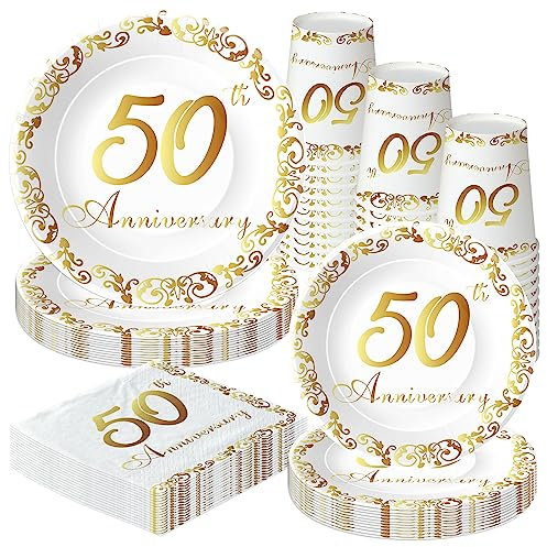 APOWBLS Golden 50th Wedding Anniversary Plates And Cups Party Supplies - 50th Anniversary Decorations Dinnerware, Plate, Cup, Napkin, 50 Year Wedding Anniversary Table Decorations Tableware | Serve 48