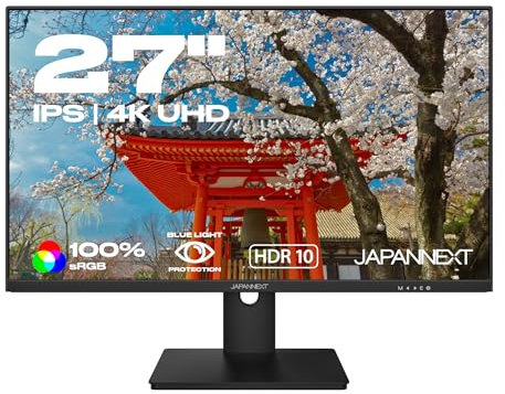 JAPANNEXT Monitor 27 IPS 4K UHD (3840x2160) | HDR | Altezza e inclinazione regolabili (HSP) Altoparlanti integrati Compatibilità VESA | Flicker-Free G-Sync/FreeSync | Garanzia 2 anni | JN-IPS2707UHDR