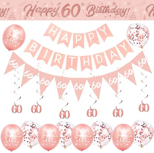 60th BIrthday Decorations for Women-Rose Gold 60th Birthday Banners for Her,60th Party Decor Happy 60th Birthday Banner Bunting Foil Hanging Swirls Triangle Flags Confetti Latex Balloons