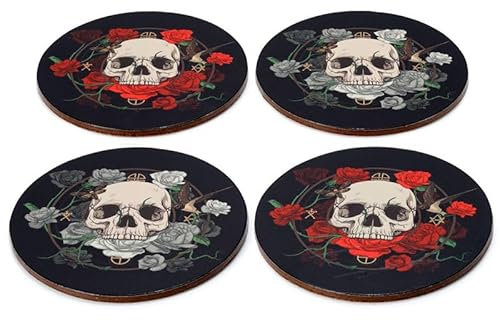 Lot de 4 dessous de verre en liège avec tête de mort et tête de mort Motif roses gothiques