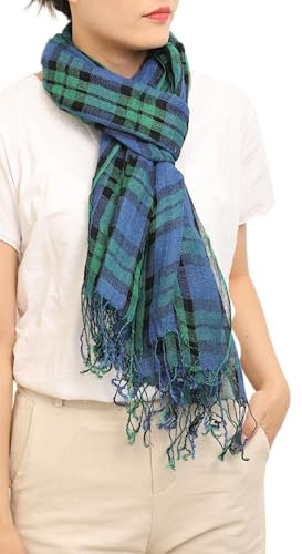 Prettystern XL Herren Damen Lang Frühling Sommer-Schal Leinen-Tuch mit langer Fransen grün blau Karo T114