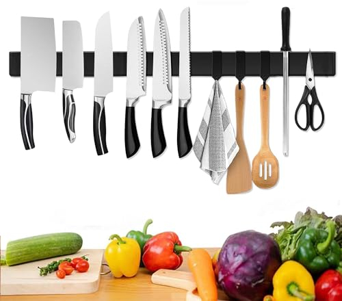 Trhillsbrad - Coltello magnetico da 60 cm, supporto magnetico con 3 ganci, in acciaio inox, autoadesivo, colore nero, supporto da parete magnetico senza fori