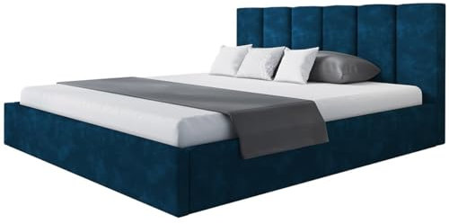 AlpiMeble Polsterbett Tokio Slim mit Kopfteil, 160 x 200 cm, Doppelbett mit Bettkasten und Lattenrost aus Holz, Farbe: Dunkelblau, Velourestoff
