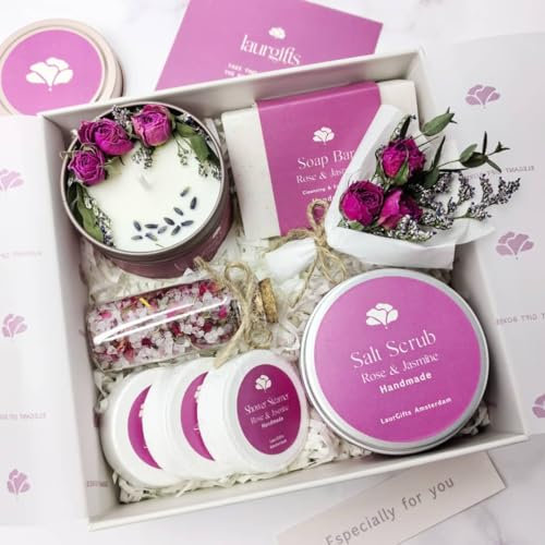 LaurGifts Birthday Gift for Women Rose & Jasmine Gift Set Box - Candle Gift for Her Coworker Gift Idea - Spa Gift for Friend Mom Wife Girlfriend Gift