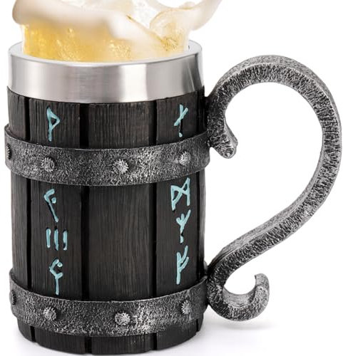 Dicunoy Nordic Viking Mug, 17 OZ Stainless Steel Viking Drinking Tankard Beer Cups with Handle, Metal Wine Coffee Cup Norse Mythology Gifts for Men, Father's Day, Him, Husband, Viking Enthusiasts