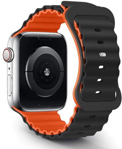 TANAKEY Cinturino in Ocean Compatibile per Apple Watch Ultra 49/45/44/42mm, Cinturino in Silicone Compatibile con iWatch Series 9/8/7/6/5/4/3/2/1/SE (49/45/44/42mm, Nero/Arancione)