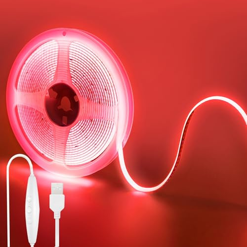 Clearhill 5V USB COB LED-Streifenluchten mit dimmbarem Schalter, 6.56FT / 2M, Rot, 320LEDs / M, 8mm Breite, Nicht wasserdicht IP20, 1.5M USB-Schalterkabel, für DIY Home Indoor Dekoration