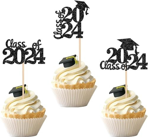 30 Stück 2024 Abschluss Tortendeko Class of 2024 Cupcake Toppers Glitzer Grad Cap Kuchen Deko Absolvent Kuchen Dekoration für 2024 Schule Abschluss Thema Party Torten Dekorationen Schwarz