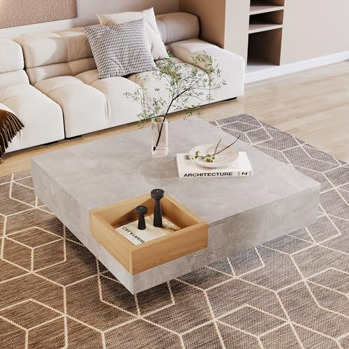 Merax Coffee Table with Removable Storage Box, Unique Color Matching, Living Room Coffee Table, Modern Square Design, 72x72x30cm, Concrete Grey and Wood Color