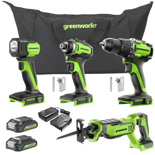 Greenworks 24V Cordless Drill, Impact Driver, Reciprocating Saw, Flashlight, 4PCS Combo Kit with 2 * 2Ah Battery and Charger