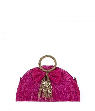 Argento e dintorni Borsa da mare Alex e Max in paglia e juta con fiocco e conchiglie, manici rivestiti, cerniera e tasche, tracolla staccabile, 50x22x28 cm (Fucsia)