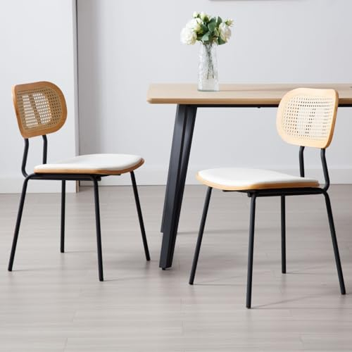 Wahson Chaise de Salle à Manger Lot de 2 Chaise Bois et Métal avec Dossier Rotin Chaise Salle Manger Moderne et Vintage, Chaise de Cuisine en Bois et Rotin Chaise Salon Bois pour Salle à Manger, Blanc
