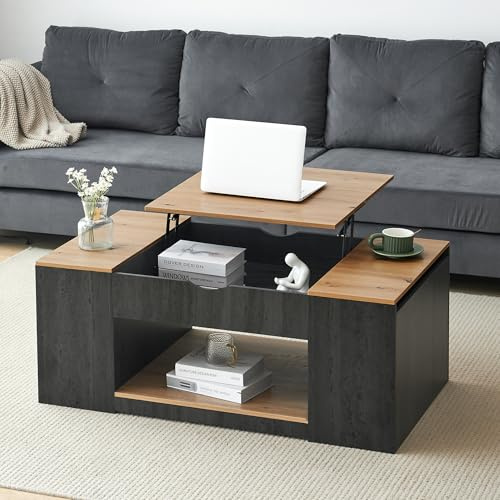 Merax Couchtisch Höhenverstellbar, Wohnzimmertisch, Kaffeetisch mit Offenes Fach, Versteckte Aufbewahrung, Hebbarer Tischplatte, Holz Sofatisch Beistelltisch für Wohnung, Büro, Grau & Hellbraun