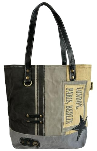 Sunsa Damen große Handtasche. Schultertasche aus Baumwolle Canvas & Leder | Vintage Schultertasche. A4 geeignet Jeanstasche. Denim Tasche als Shopper Bag für Büro Alltag & Reise. Jedes Stück ein Unikat