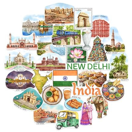 Navy Peony Unglaubliche Indien-Reiseaufkleber (28 Stück) – Neu-Delhi, indisch inspirierte handillustrierte Aufkleber für Tagebücher, Scrapbooks, Gepäck und Trinkflaschen