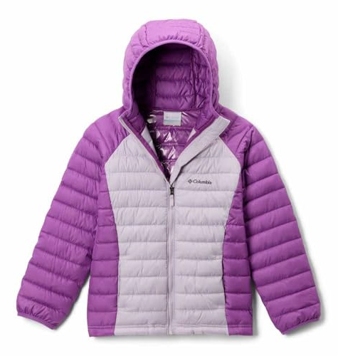 Columbia Youth Girls Powder Lite 2 Hooded Jacket, Hooded Puffer Jacket, Lavender Pearl, Razzle, XL