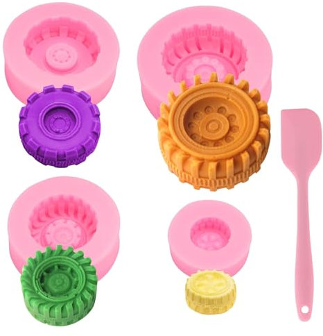 Hinapan 4 Stück 3D Reifen Fondant Form und 1 Silikon Spatel, Runde Reifen Rad Silikonformen, Zahnrad-Form, Kuchendekoration, Süßigkeiten, Seife