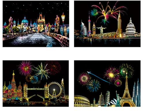 WUSJCOF 4X Kratzbilder Sehenswürdigkeiten Wandbild Beschichtete Kratzpapier mit Werkzeug Set (290x210 MM) (Bunte) (Fireworks City)