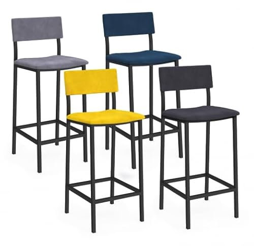 IDMarket - Lot de 4 tabourets de Bar Aubin avec Dossier Chaise de Cuisine Velours Mix Color Bleu, Gris Clair, Gris foncé, Jaune