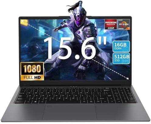 15.6 Inch Gaming Laptop - AMD Ryzen 7 5825U Processor (8C/16T, 2.0-4.5GHz), AMD Radeon Graphics, 16GB DDR4 RAM 512GB NVMe SSD Laptop Computer with Backlit KB, Fingerprint Reader, Webcam Switch