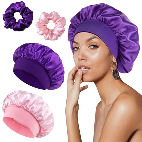 2 Pièces Bonnet Satin Cheveux Nuit avec Chouchous, FUKPO Bonnet Soie Sommeil Cheveux Long Court Nuit Femme Silk Bonnet Bouclés pour Dormir Douche(Violet, Rose)
