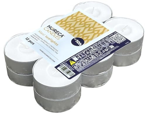 Horeca Candles - Maxi Tealight Candele Bianche - Non profumate - 12 Pezzi - Candeline Grandi 57 x 22 mm - Durata di combustione 10 Ore - Tea Light Cera Antigoccia - 1 x Set di 12 Lumini