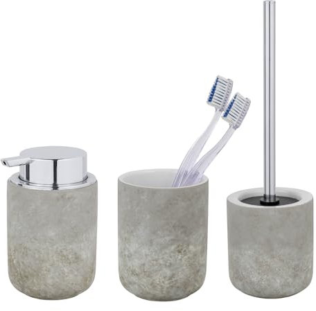 Schöner Wohnen Kollektion Bad-Accessoire Set Mod. Londa 3-teilig aus Keramik in Zementoptik mit Seifenspender Zahnputzbecher und WC-Garnitur Maße 38 x 11,5 cm Farbe Grau