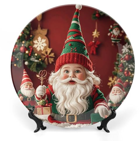 SMAZDFXX Keramikteller zur Weihnachtsdekoration, skurrile Zwerge, dekorativer Teller aus Knochenporzellan mit Präsentationsständer, 20,3 cm, dekoratives Ornament für die Inneneinrichtung