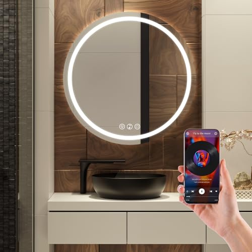 Simusi 600MM Bluetooth Round LED Bathroom Mirror with Lights–Illuminated Bathroom Vanity Mirror with LED Lights, Anti-Fog Wall-Mounted Light up for Makeup, 3-Color Dimmable, IP44, Tempered Glass