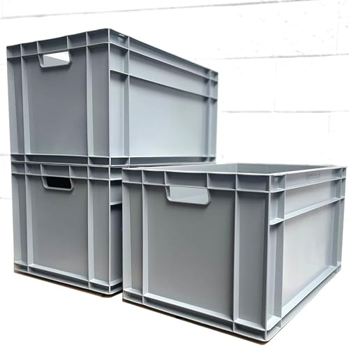 AUTORCE 3x 66L Heavy Duty Plastic Storage Boxes – Large Industrial Euro Containers 600x400x320mm – Stackable Crates for Warehouse, Garage, Tools, Home & Commercial Use (Grey)