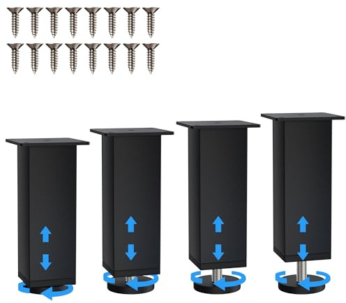 SUPERWSLING 4er-Set höhenverstellbare Möbelbeine (12-13 cm) – Möbelfüße verstellbar mit Schrauben & rutschfesten Füßen aus Stahl+PVC, schwarz quadratisch für Sofas, Schränke & Tische