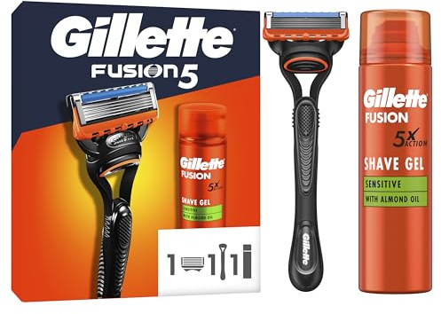 Gillette Fusion 5 Rasoio Barba Manuale, 1 Lametta, Gel, Multicolore | Manico in Acciaio Inossidabile e Plastica, 1 Lametta a 5 Lame, Gel da Barba, Rasatura Scorrevole con Striscia Lubrificante