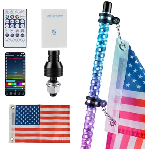 1 fouet lumineux LED RVB de 0,9 m avec application, télécommande et musique synchronisée, étanche, avec 2 drapeaux, fouet lumineux RVB avec interrupteur à bascule pour UTV ATV Polaris RZR Can-Am