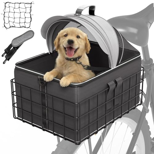 YEEGO DIRECT Dog Bike Basket for Rear Rack, 2-in-1 Pet Carrier & Cargo Basket, Detachable Dog Carrier for Bicycle with Safety Leash, Fits Small Medium Dogs Cats up to 20 LBS, Basket Patented Design