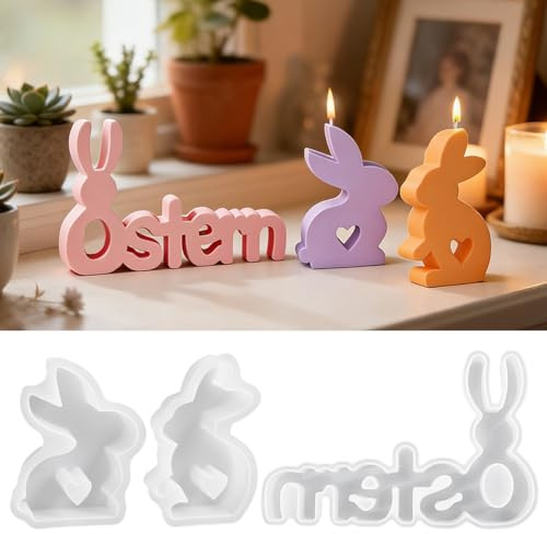 Silikonformen Gießformen Ostern Hase, 3 Stück 3D Silikonform Hase, Silikonform Hase mit Herz, Hasen Gips Zum Gießen Ostern, Osterhasen Silikonfor-m Hasen Frühling fur Gips, Kerzen, Ostergeschenke