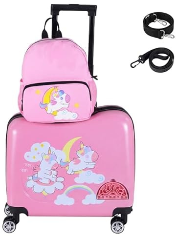 COSTWAY 2tlg Kinderkoffer + Rucksack, 12+18 Kindertrolley mit Rollen & wasserdichter Hartschale, Kindergepäck mit Tragegurt, Seil & Fußstützen, Rollkoffer für Kinder (Einhorn, gerade Zugstange)