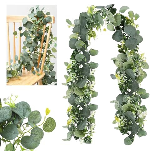 SUPRROW 2 Stück Eukalyptus Girlande,1,8m Künstliche Eukalyptus Girlande mit Weiße Blumen Silberdollar Eukalyptusranke für Hintergrund, Hochzeit Bogen,Tischdeko