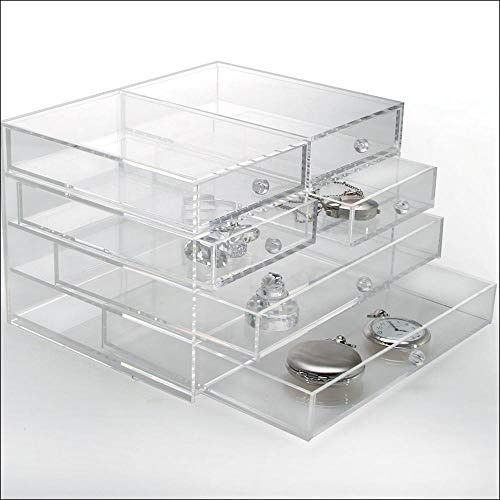 SAFE Acryl-Schmuckbox mit 6 Schubladen | Transparente Box mit vier kleinen und zwei großen Schubladen – ca. 165 x 215 x 140 mm