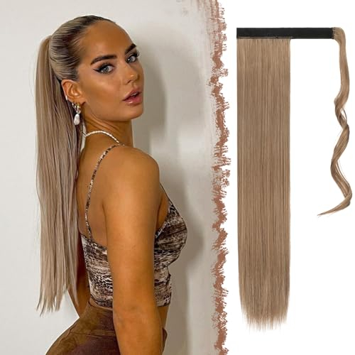 FESHFEN Lang Glattes Pferdeschwanz Haarteil Synthetik Haarverlängerung Zopf Haar Extension für Damen Mädchen, Hellbraun & Naturblond 60 cm