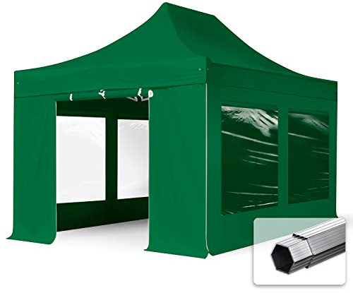 TOOLPORT Faltzelt Professional 3x4,5 m - mit 4 Seitenteilen (Panoramafenster) Faltpavillon ALU Pavillon Partyzelt grün