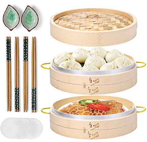 MacaRio Bamboo Steamer Basket Set 10 inch Steamer for Cooking, with Side Handles Chopsticks Ceramic Sauce Dishes Paper Liners, for Dim Sum Dumplings Buns Seafoods Rice Asian Foods