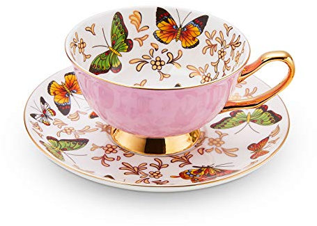 LURRIER Coffee Cup Mug with Saucer for Latte, Cappuccino Tea with Butterflies 6.8 Oz Fine Bone China, Dishwasher Safe, Reactive Glaze, 1 Pcs (Pink)