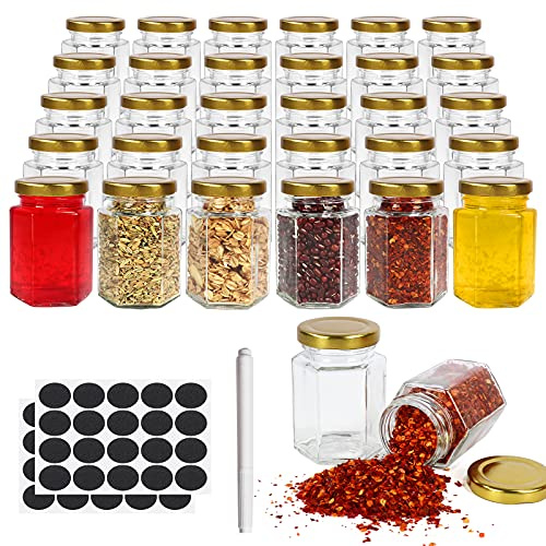 30 Pack 4oz Hexagonal Glass Jars with Gold Lids,1 Pen and Labels Included