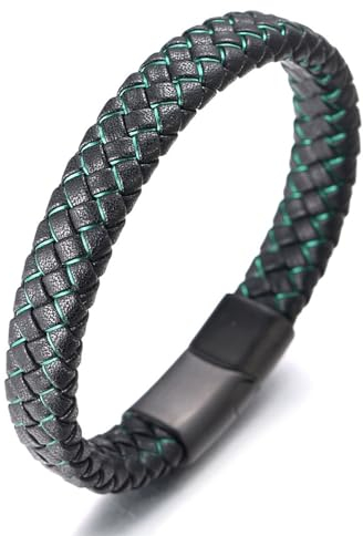 Halukakah Kinder ● Jazz Junior ● Jungen Echtes Leder Handgemachtes Geflecht Schwarz Mix Grün Armband 6-12 Jahre alt. Titan Mattierter Magnetverschluss 18cm mit Geschenkbox