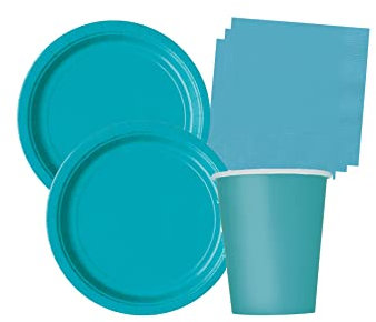 Isola Party Kit festa di compleanno tinta unita color Verde Acqua per 32 persone eco-friendly (32 piatti di carta ⌀ 23 cm, 28 bicchieri di carta 266 ml, 40 tovaglioli di carta 33x33 cm)